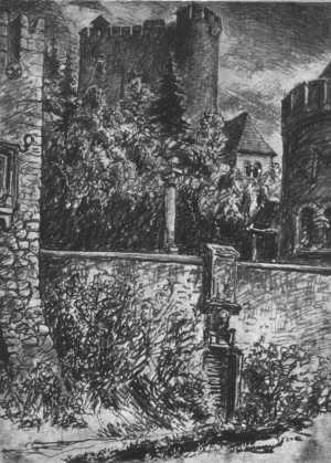 Kohlezeichnung der Roseburg: Ansicht der Hauptgebäude über die Mauer hinweg